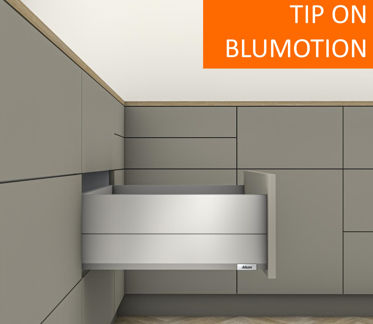Ящик с высоким фасадом MERIVOBOX E с BOXCAP (высота Е = 209 мм) TIP-ON BLUMOTION