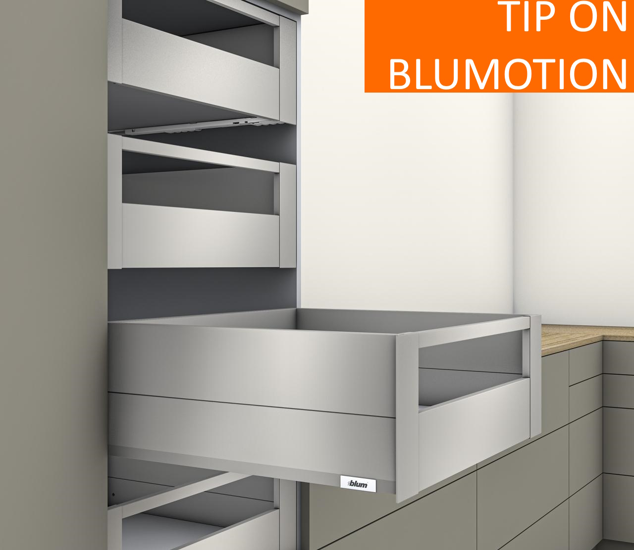 Ящик внутренний высокий MERIVOBOX E с BOXCAP и релингом (высота Е = 207 мм) TIP-ON BLUMOTION