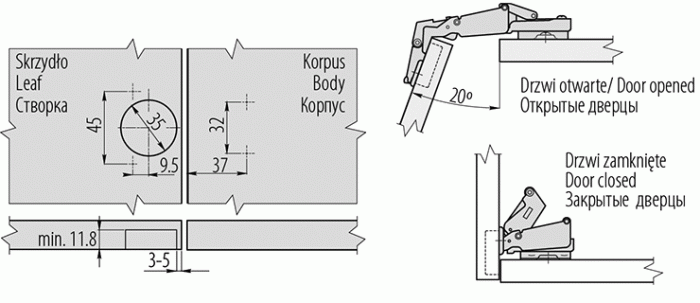 Петля угловая 165° ZM-HCKT165-BE-S с доводчиком с планкой и саморезами окр.165° — фото 5